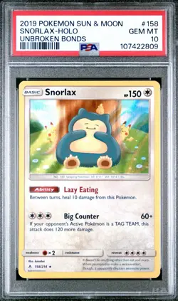 Pokemon Snorlax Holo Sun & Moon Unbroken Bonds 158/214 PSA 10 Gem Mint LOW POP - Image 1