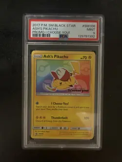 PSA 9 ASH'S PIKACHU SM108 BLACK STAR PROMO SUN & MOON POKEMON CARD *Reserved* - Image 1