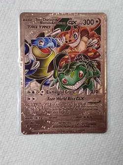 Pokemon Rose Gold Foil Fan Art Card Venusaur Charizard & Blastoise Toon Tag Trio - Image 1