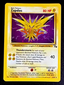 Zapdos SWIRL 15/62 MP Holo Rare Fossil Vintage WOTC Pokemon Card Moderate Play - Image 1