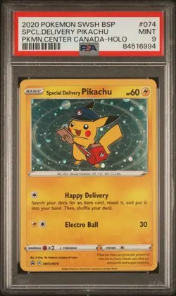 PSA 9 MINT Special Delivery Pikachu Pokemon Center Canada Holo SWSH074 - Image 1