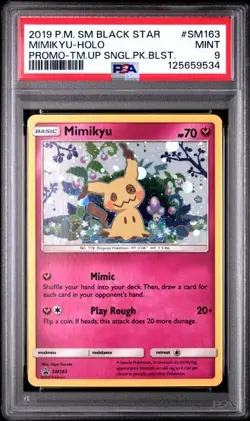 PSA 9 MINT Mimikyu Black Star Promo Team Up Blister Pack Holo Pokemon SM163 - Image 1