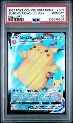 PSA 10 GEM MINT Surfing Pikachu VMAX Celebrations Full Art Holo Pokemon 009/025 - Image 1