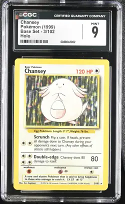 CGC 9 MINT Chansey 1999 Base Set 3/102 Holo Pokemon Card - Image 1