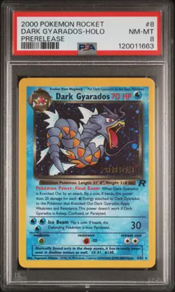2000 POKEMON TEAM ROCEKT DARK GYARADOS PRERELEASE #8 HOLO PSA 8 NM #120011663 - Image 1