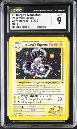 CGC 9 MINT Lt. Surge's Magneton 2000 Gym Heroes 8/132 Holo Pokemon Card psa - Image 1