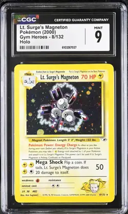 CGC 9 MINT Lt. Surge's Magneton 2000 Gym Heroes 8/132 Holo Pokemon Card psa - Image 1