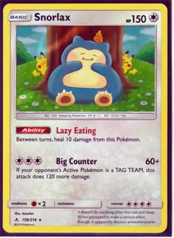2019 POKEMON SNORLAX 158/214 -UNBROKEN BONDS- RARE- HOLO -NM (S6) - Image 1