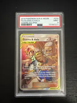 2019 POKEMON SUN & MOON COSMIC ECLIPSE #229 FULL ART/GUZMA & HALA PSA 9 - Image 1