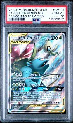 PSA 10 Gem Mint Celebi & Venusaur GX SM167 Tag Team Promo Sun & Moon Pokemon - Image 1
