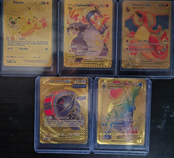 5 pokemon Gold Cards Pikachu, Charizard, Iron Treads, Charizard, and Calyrex - Image 1