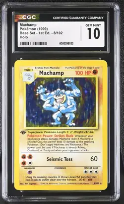 CGC 10 GEM MINT Machamp 1999 Base Set 1st Edition 8/102 Holo Pokemon Card - Image 1