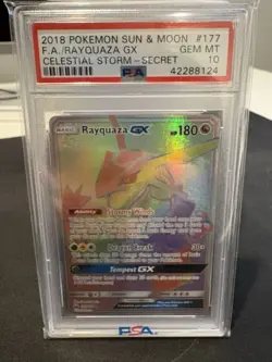 2018 POKEMON SUN & MOON CELESTIAL STORM #177/168 RAYQUAZA GX SECRET RARE PSA 10 - Image 1