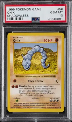 1999 POKEMON GAME SHADOWLESS #56 ONIX PSA 10 - Image 1