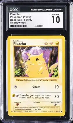 1999 POKEMON BASE SET, SHADOWLESS #58/102 PIKACHU CGC 10 GEM MINT - Image 1