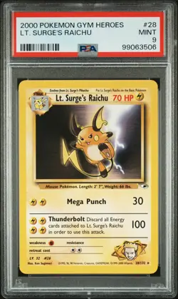 2000 POKEMON GYM HEROES #28 LT. SURGE'S RAICHU PSA 9 - Image 1