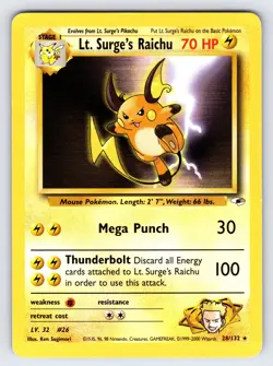 Lt. Surge's Raichu 28/132 Gym Heroes Pokemon Card Vintage WOTC Non Holo Rare Lp - Image 1