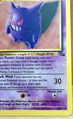 Gengar Pokemon TCG Fossil Set Unlimited 20/62 Rare Non-Holo LP - Image 3