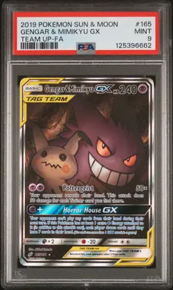 2019 POKEMON SUN & MOON TEAM UP #165 FULL ART/GENGAR & MIMIKYU GX PSA 9 - Image 1