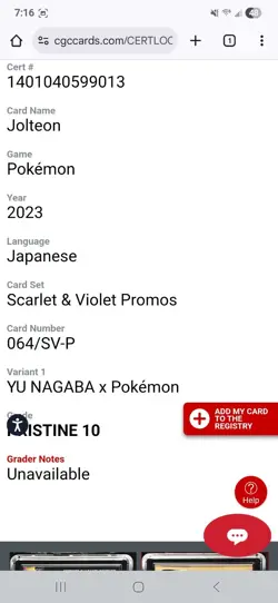 Jolteon Yu Nagaba PCG Campaign 064/Sv-p Promo Pokemon Card 2023 CGC Pristine 10 - Image 3