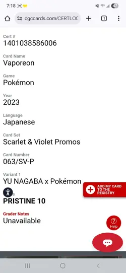 CGC 10 PRISTINE Japanese Pokemon 2023 Vaporeon 063/SV-P YU NAGABA PROMO - Image 3
