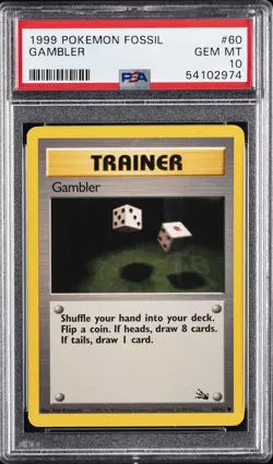 1999 POKEMON FOSSIL #60 GAMBLER PSA 10 - Image 1