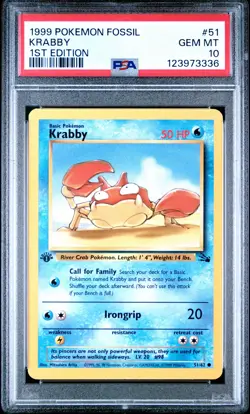 1999 POKEMON FOSSIL 1ST ED #51 KRABBY PSA 10 - Image 1