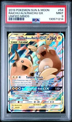 Pokemon Raichu & Alolan Raichu GX Unified Minds #54/236 PSA 9 Mint - Image 1