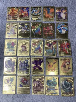 Pokemon Set of 25 Charizard,Sableye,Lucario,Leafeon&More Gold Foil Fan Art Cards - Image 1