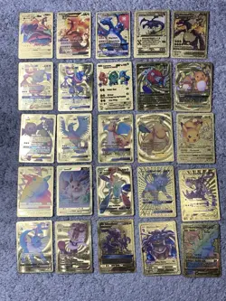 Pokemon Set of 25 Charizard,Greninja,Dragonite&More Gold Foil Fan Art Cards - Image 1
