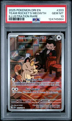 2025 POKEMON DESTINED RIVALS ILLUSTRATION RARE #203 TEAM ROCKET'S MEOWTH PSA 10 - Image 1