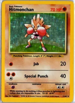 Pokemon TCG Hitmonchan Base Set 7/102 Holo Unlimited Rare Vintage 1999 WOTC - Image 1