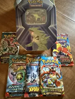 Pokemon Variety Lot - Sealed Booster Packs & Tyranitar Triple Whammy Tin - Image 1