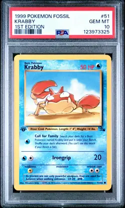 1999 POKEMON FOSSIL 1ST ED #51 KRABBY PSA 10 - Image 1
