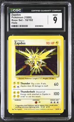 CGC 9 MINT Zapdos 1999 Base Set 16/102 Holo Pokemon Card - Image 1