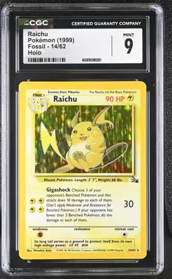 CGC 9 MINT Raichu 1999 Fossil 14/62 Holo Pokemon Card - Image 1