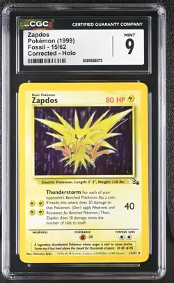 CGC 9 MINT Zapdos 1999 Fossil 15/62 Holo Pokemon Card - Image 1