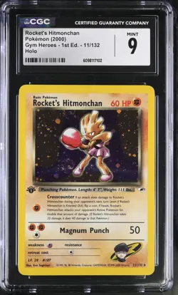 CGC 9 Rocket's Hitmonchan Gym Heroes 1st Edition 11/132 DOUBLE SWIRL Pokemon - Image 1