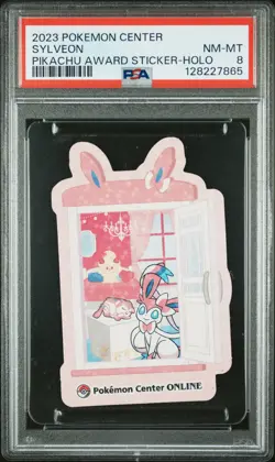 2023 POKEMON CENTER PIKACHU AWARD DELIVERY! STICKER HOLO SYLVEON PSA 8 - Image 1