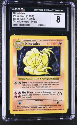 CGC 8 Ninetales 1999 Base Set 12/102 Shadowless Holo Pokemon Card - Image 1