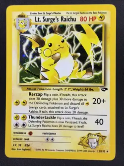 Lt. Surge's Raichu 11/132 Gym Challenge Pokemon Card WOTC Vintage Holo Rare - LP - Image 1