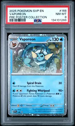 2025 POKEMON SVP PRISMATIC EVOLUTIONS POSTER COLLECTION #168 VAPOREON PSA 8 - Image 1