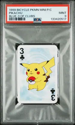 1999 BICYCLE POKEMON MINI PLAYING CARDS BLUE DECK 3 OF CLUBS PIKACHU PSA 9 - Image 1