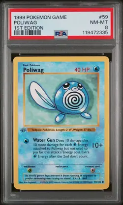 1999 Pokemon Game #59 Poliwag PSA 8 1st Edition GREY STAMP - Image 1