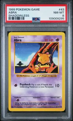 Pokemon Card Abra 43/102 Shadowless Base Set 1999 PSA 8 NM-MT - Image 1