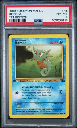 Pokemon Card Horsea 49/62 1st Edition Fossil Set 1999 PSA 8 NM-MT - Image 1