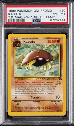 1999 POKEMON GAME PROMO TOP DECK MAGAZINE #50 KABUTO PSA 8 - Image 1