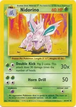 1x Nidorino - 37/102 - Uncommon - Unlimited Edition Lightly Played Pokemon G1 - - Image 1