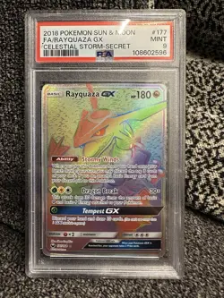 2018 Pokemon Rayquaza GX Full Art Celestial Storm Secret Rare Sun Moon 177 PSA 9 - Image 1