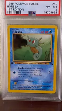 Horsea 49/62 First Edition 1999 Pokemon Fossil PSA NM-Mint 8 Graded Card - Image 1